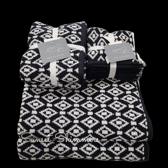 8pc Loft 2 Bath 2 Hand 4 Washcloth Black & White Diamond Tile Towel Set New - Picture 10 of 11